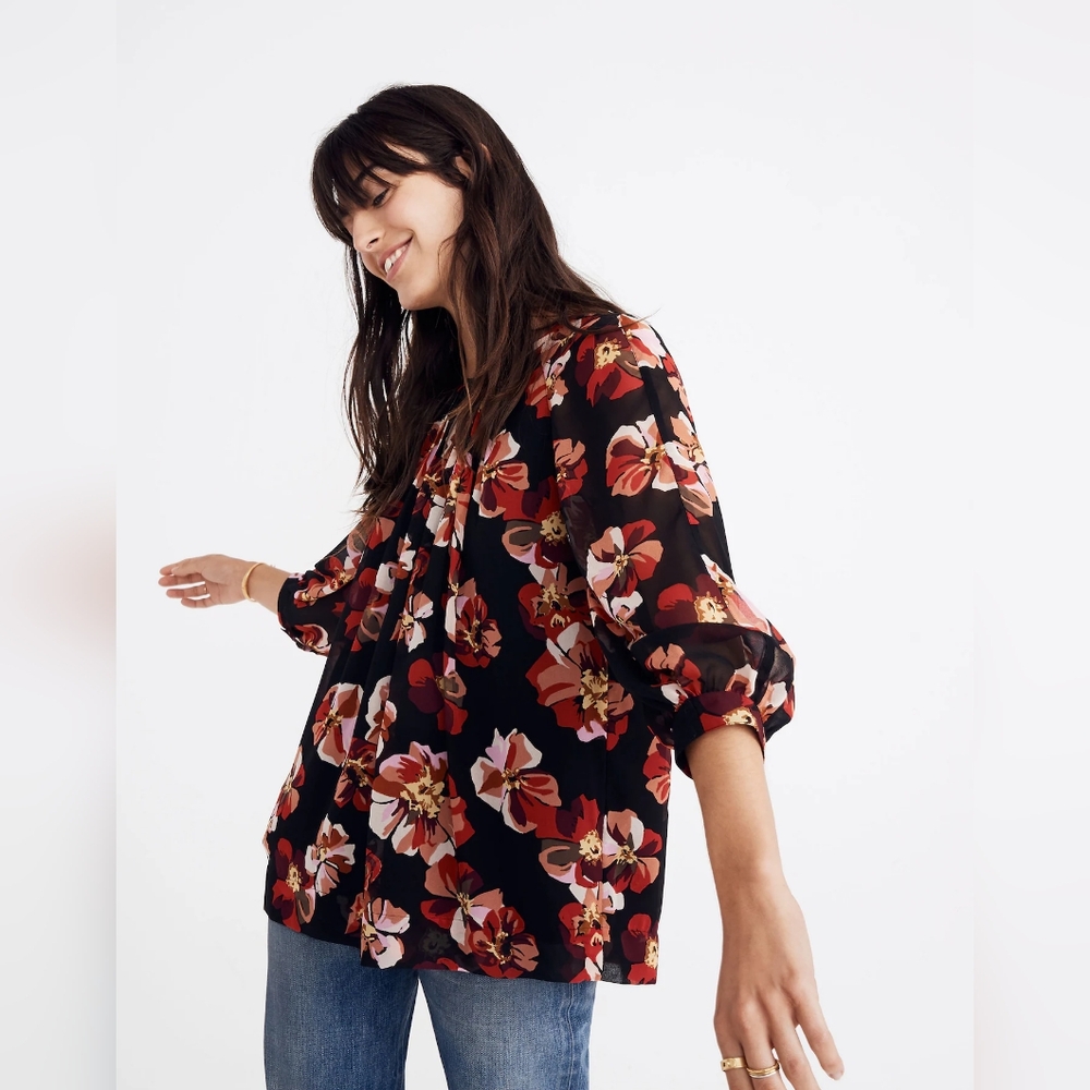 Madewell French Rose Floral Tie Back Bubble Sleeve Blouse Boho Fall Shirt Medium